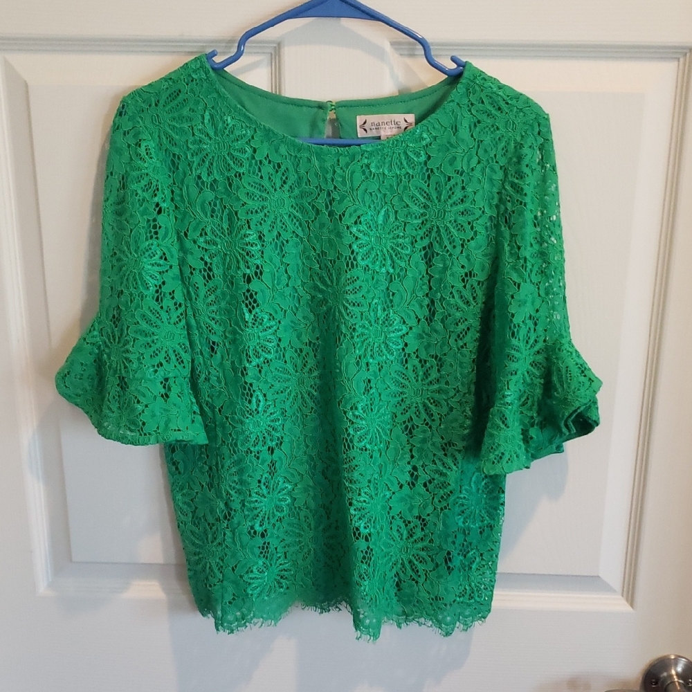 Nanette Lepore Green Lace Flutter Sleeve Blouse